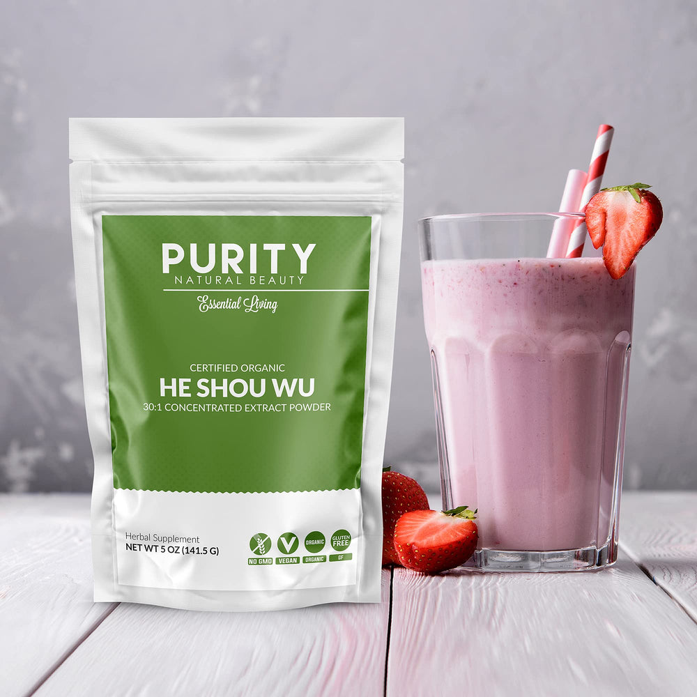 Purity Natural Beauty Fo Ti powder packaging highlighting organic extract