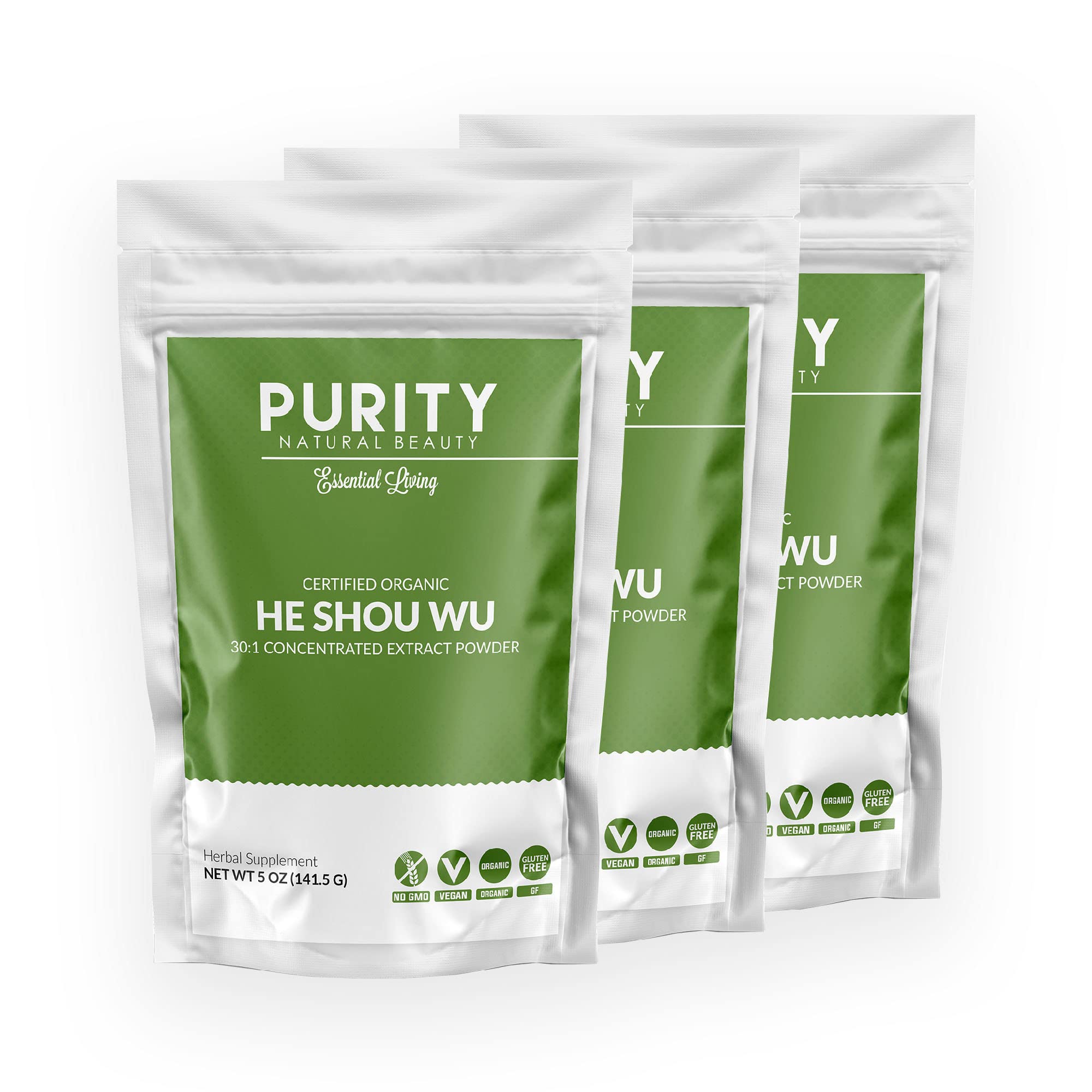 Front view of Purity Natural Beauty He Shou Wu 30:1 Fo-ti 5oz Pack (3-pack)