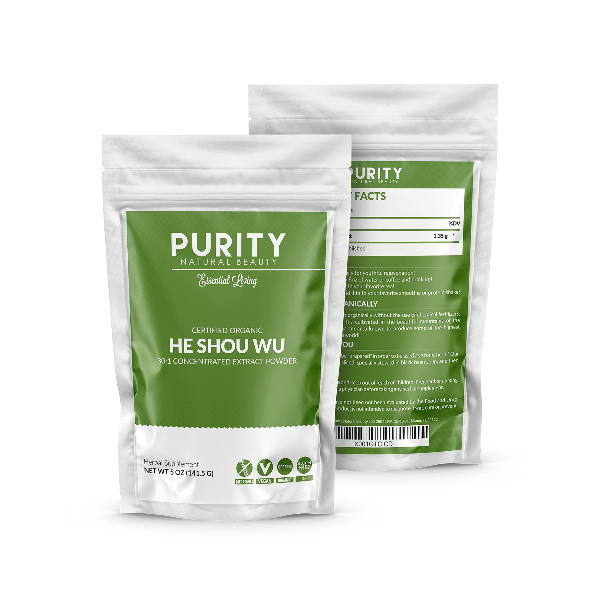 Purity Natural Beauty Organic ingredients label indicating quality