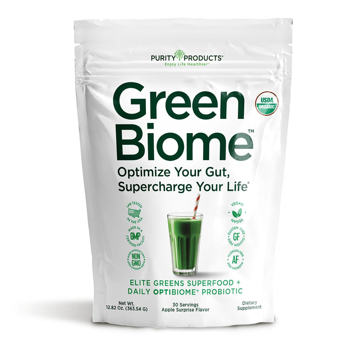 Purity Products Green Biome front packaging showing organic apple flavor and benefits