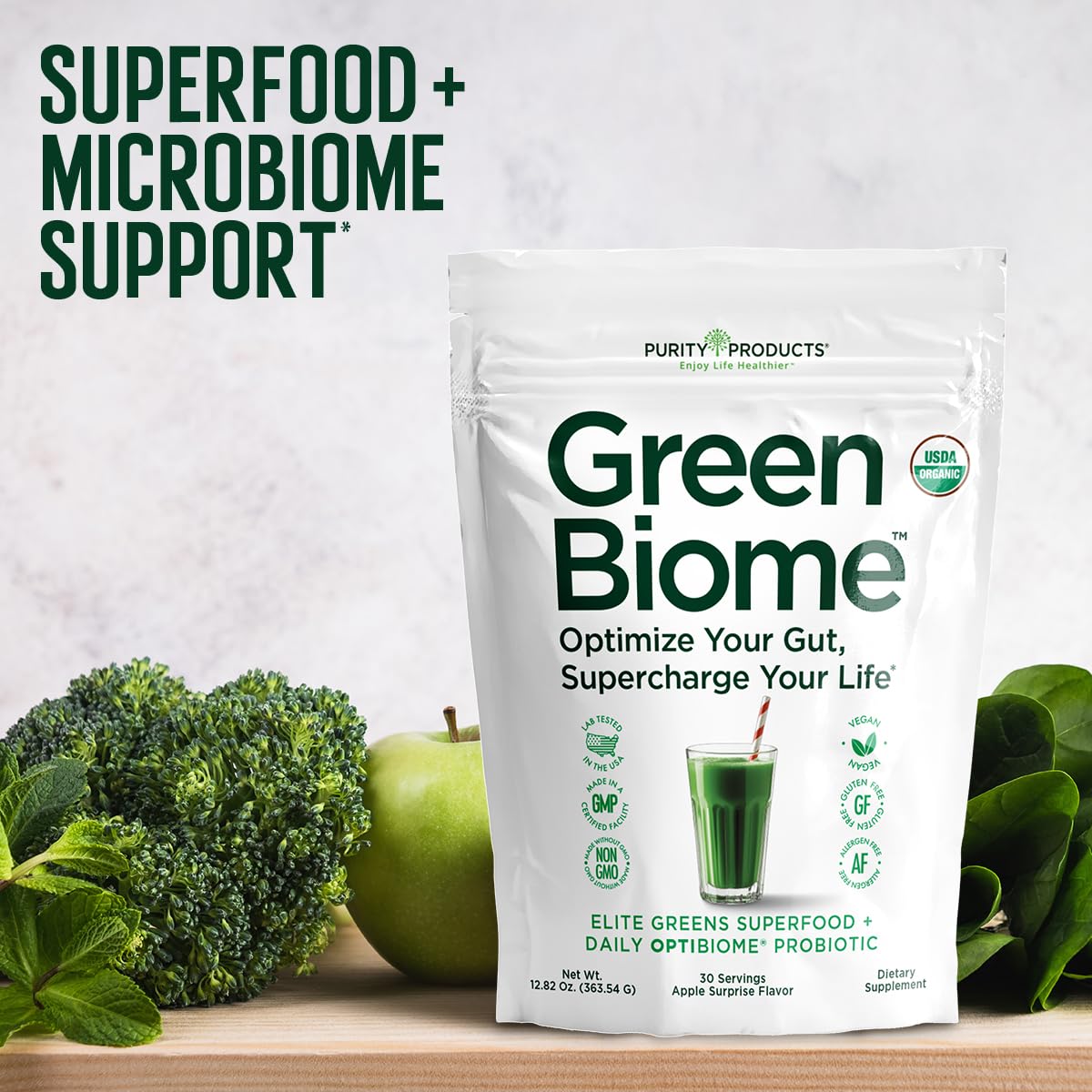 Purity Products powder with bowl of organic greens and berries emphasizing clean ingredients