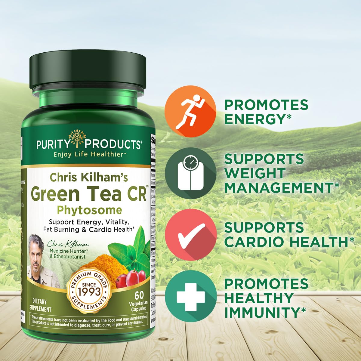 Purity Products Green Tea CR ingredients panel with phytosome complex visual