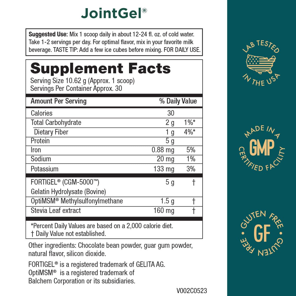JointGel packaging promoting collagen peptides and OptiMSM for the joint matrix