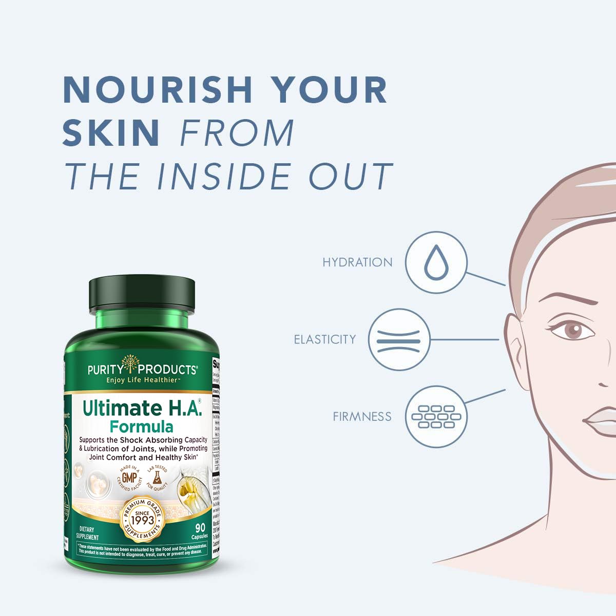 Purity Products Ultimate H.A. Formula capsule close-up emphasizing easy-to-swallow design.