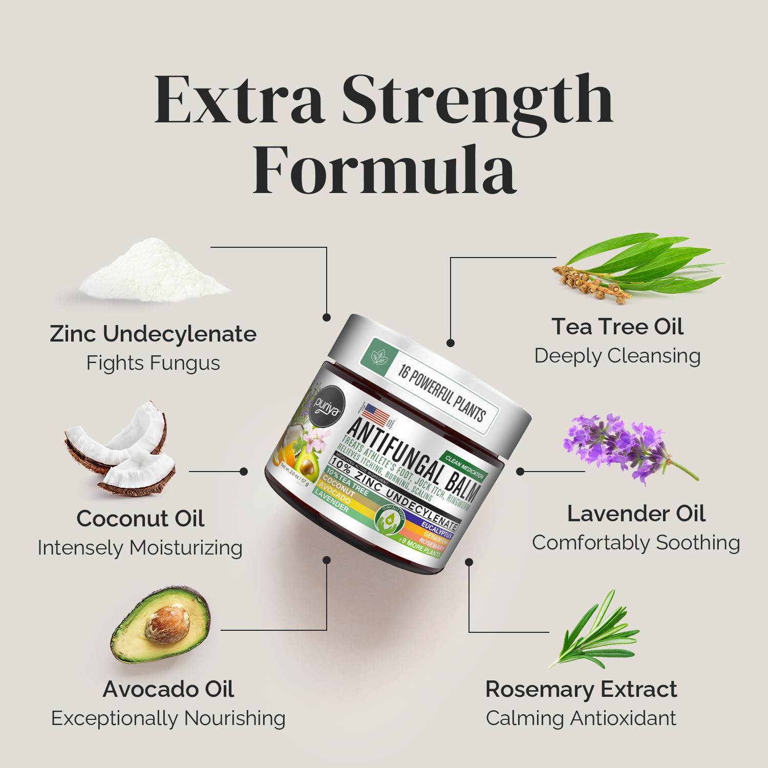 Puriya antifungal cream ingredients tea tree oil highlight soothing properties.