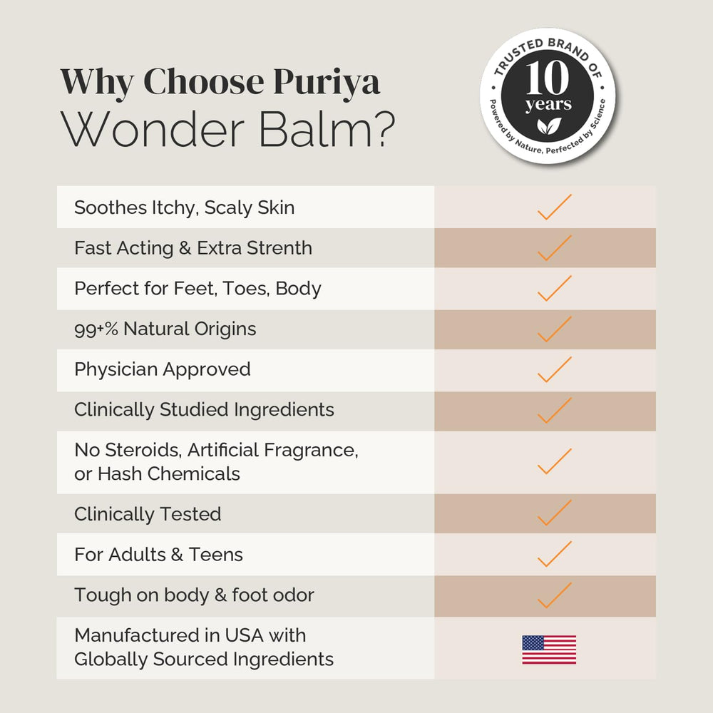 Puriya Wonder Balm jar close-up highlighting plant-powered ingredients for skin comfort.