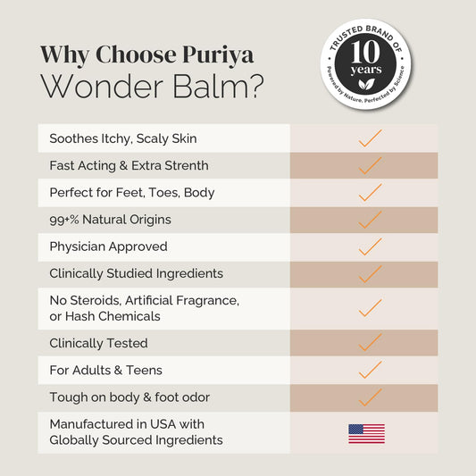 Puriya Wonder Balm jar close-up highlighting plant-powered ingredients for skin comfort.