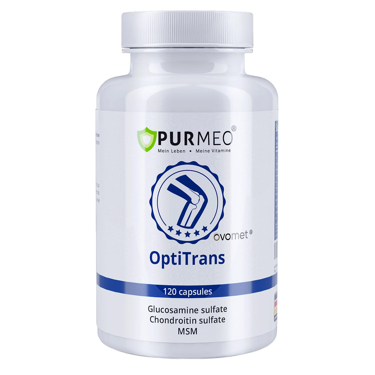 Front view of Purmeo OVOMET eggshell membrane joint supplement bottle