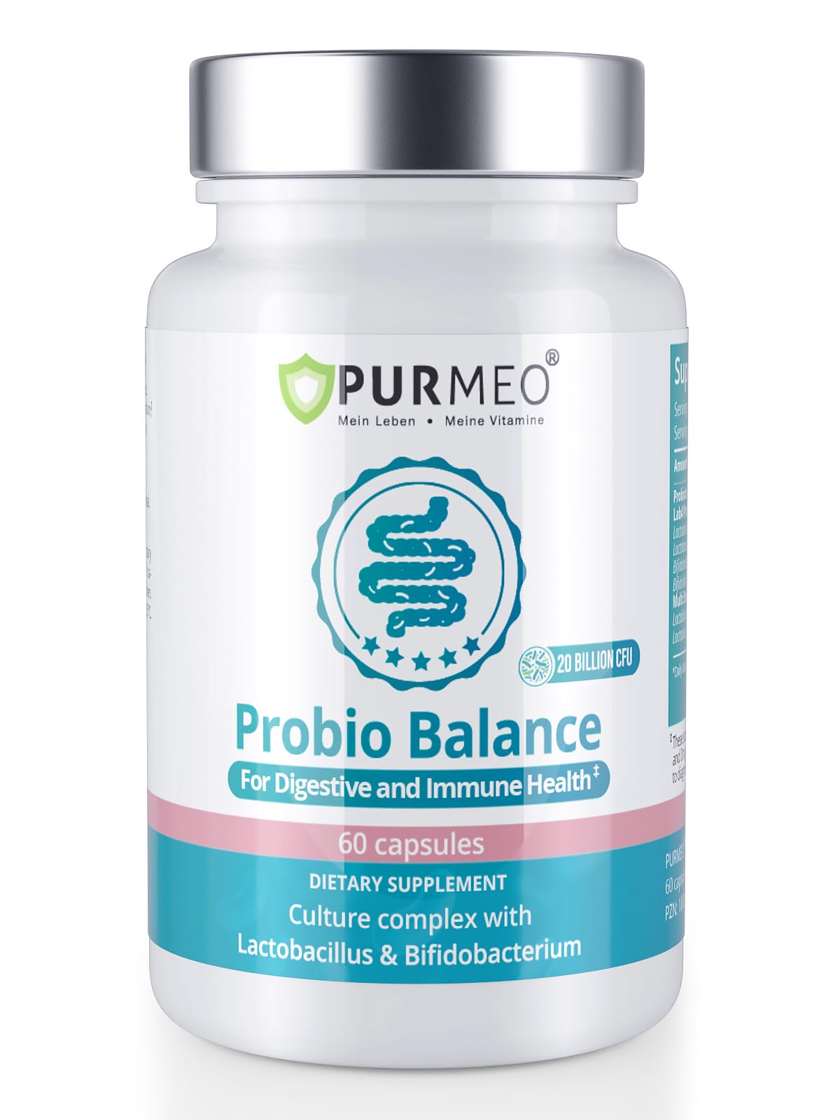 Purmeo Probiotics bottle showing 20 billion CFU per capsule for digestive health