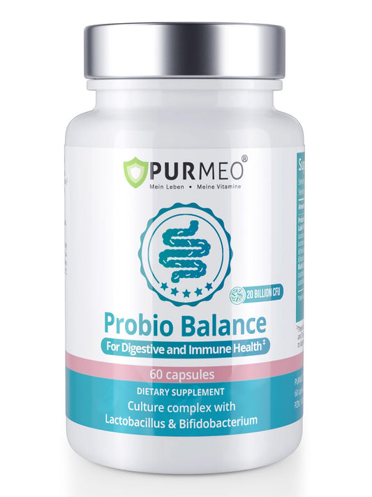 Purmeo Probiotics bottle showing 20 billion CFU per capsule for digestive health