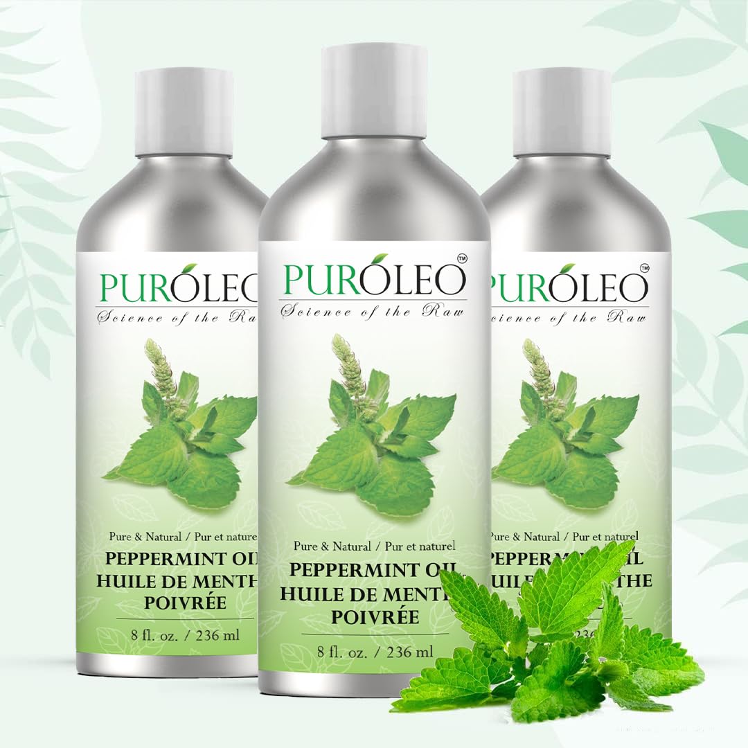 PURÓLEO Peppermint Oil aromatherapy diffuser setup implies mood lift and focus.
