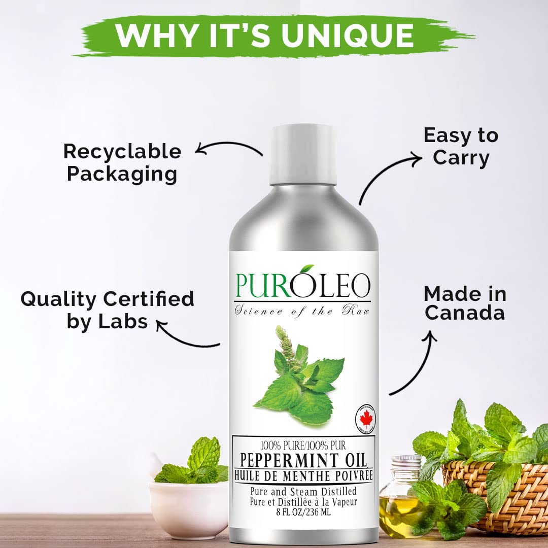 PURÓLEO Peppermint Oil bottle for hair care routine promotes a refreshed scalp feel.