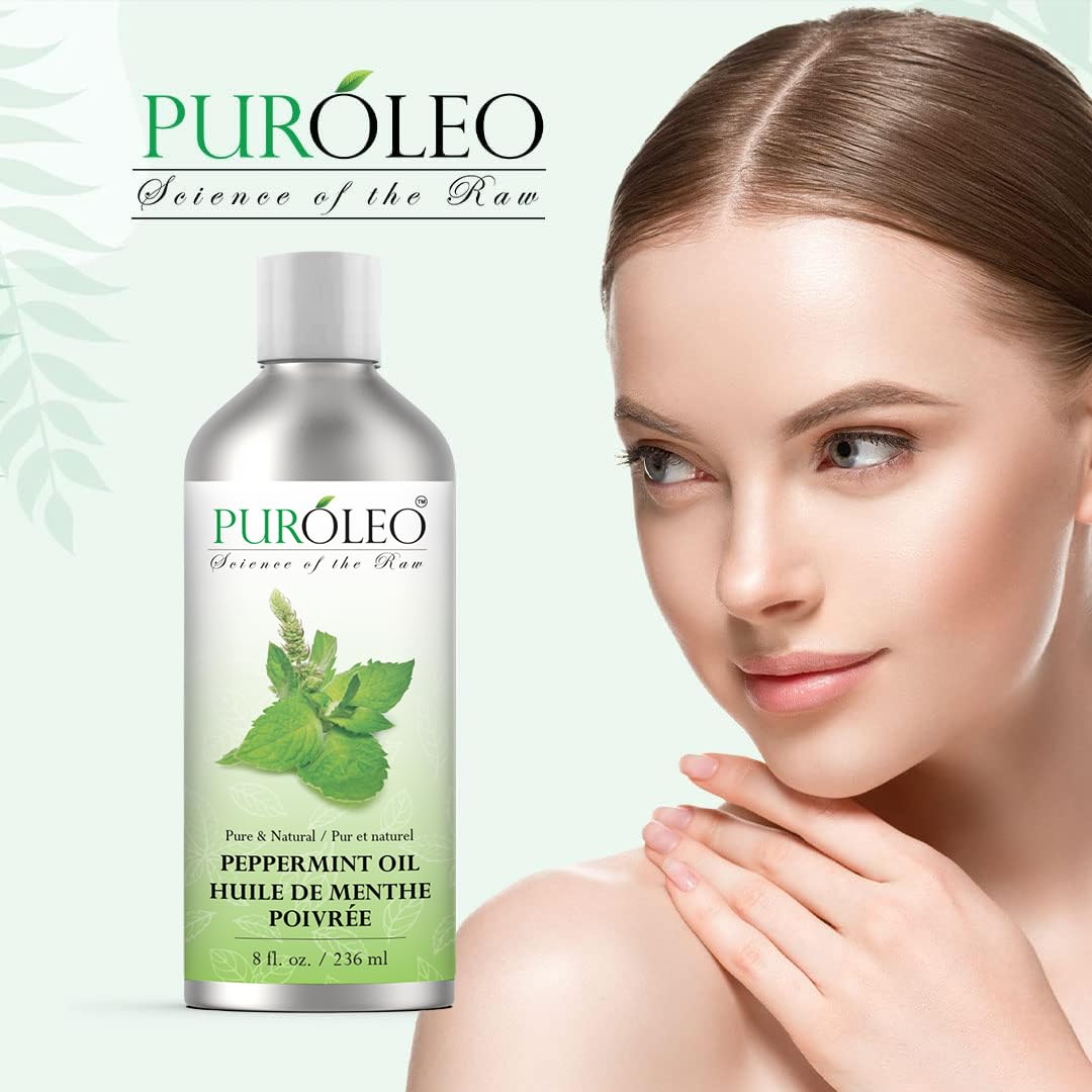PURÓLEO Peppermint Oil skin-care application suggests a refreshing routine for the face and body.