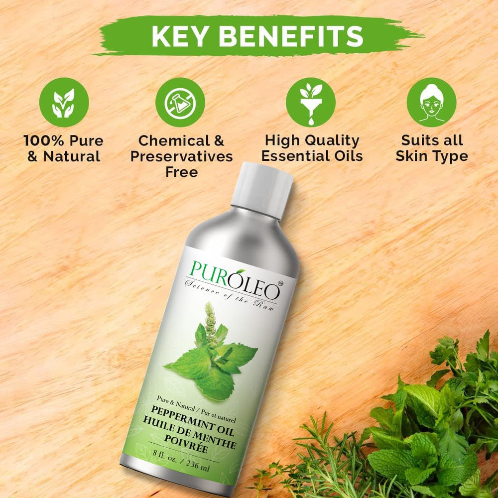 PURÓLEO Peppermint Oil bottle demonstrates safe topical dilution for skincare routines.
