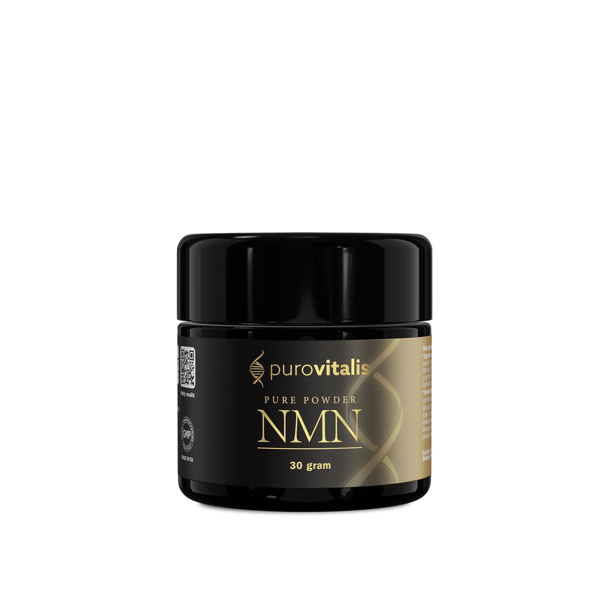 PUROVITALIS NMN powder 30g bottle with scoop showing NAD+ support