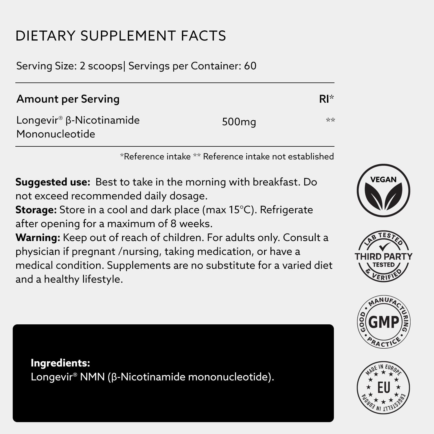Lab testing and purity certificate for PUROVITALIS NMN powder