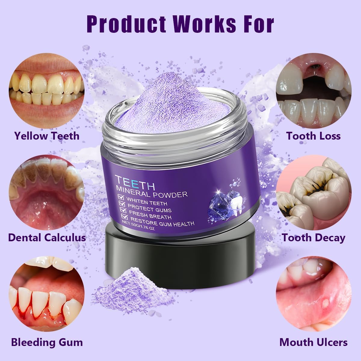 Close-up of purple mineral tooth powder texture