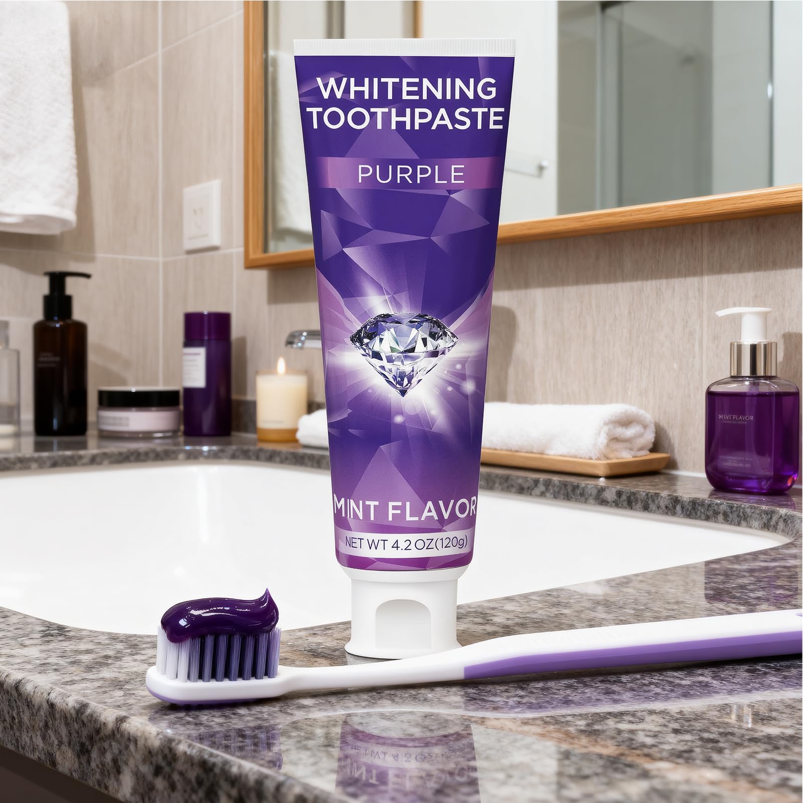 Toothbrush applying purple whitening toothpaste