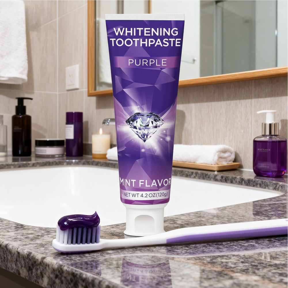 Toothbrush applying purple whitening toothpaste