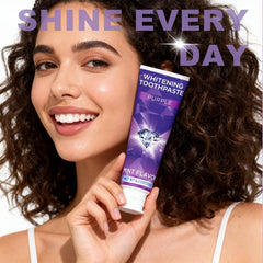 Brushed teeth showing stain removal with purple whitening toothpaste