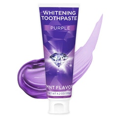 Purple toothpaste tube labeled for teeth whitening