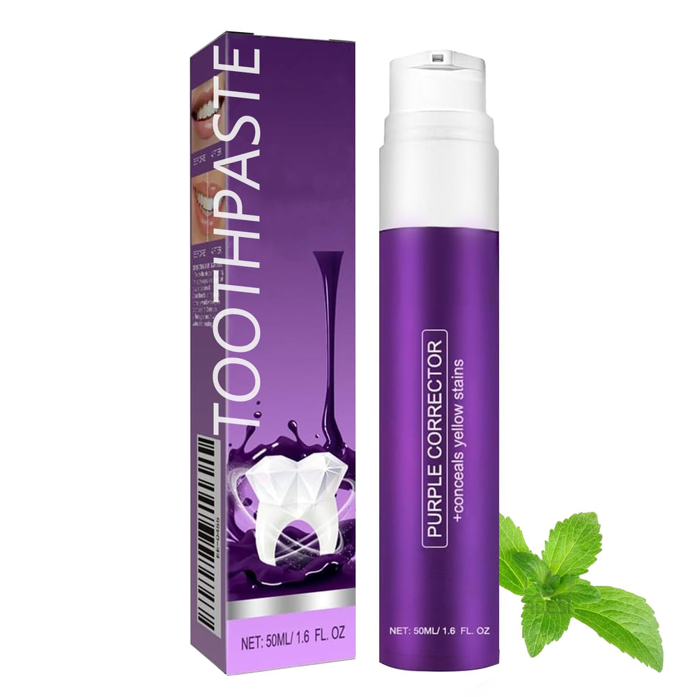 Purple toothpaste tube displaying whitening formula powered by color wheel technology