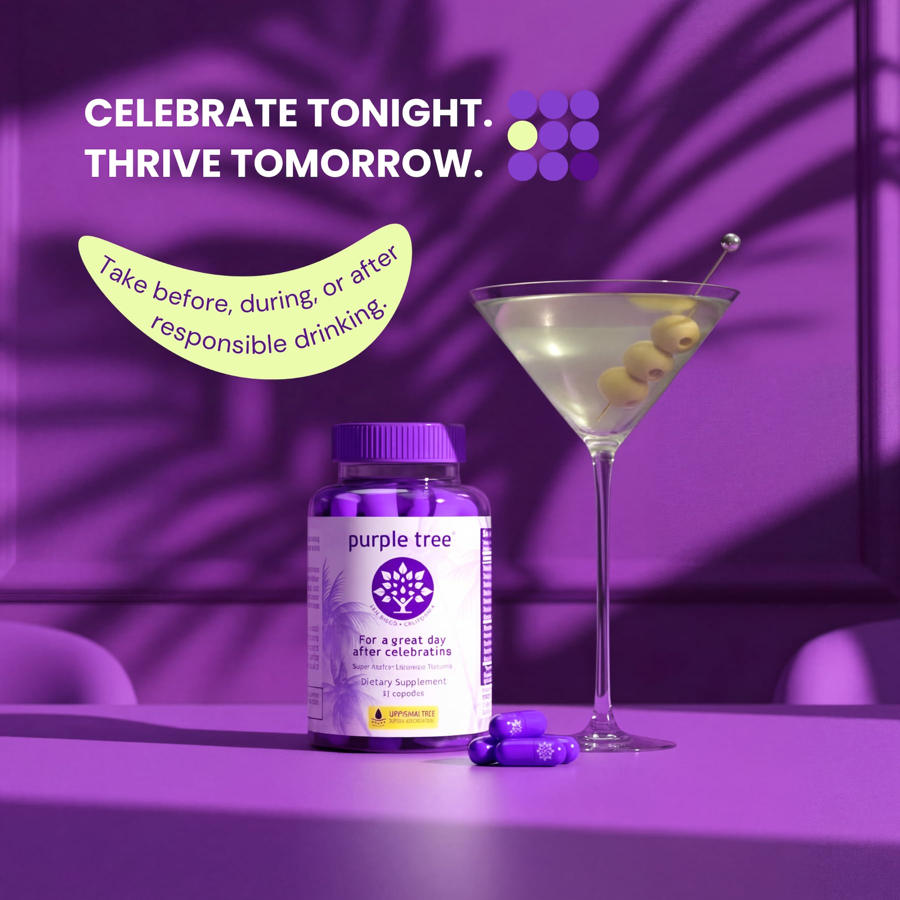 Purple Tree Liposomal DHM capsule close-up highlighting advanced absorption