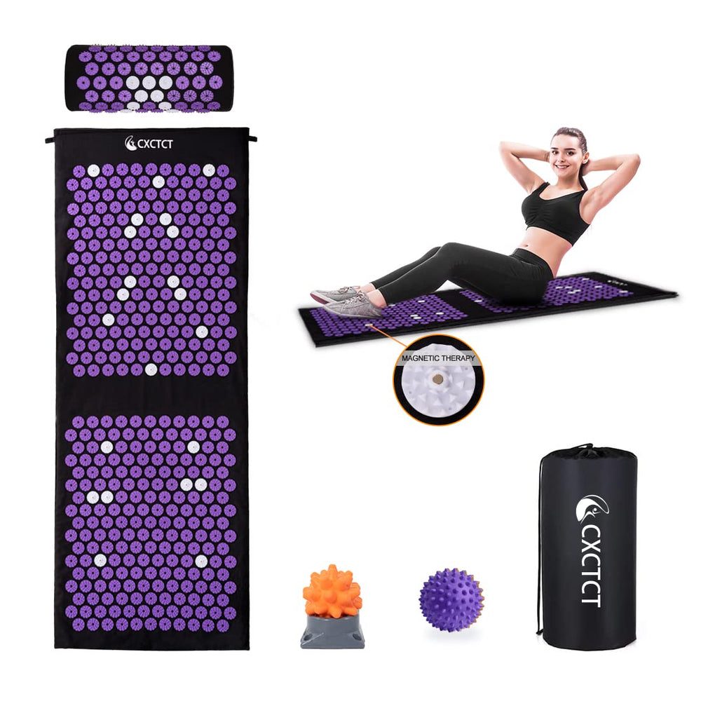 Purple Yoga Massage Mat Set laid flat with pillow