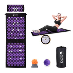 Purple Yoga Massage Mat Set laid flat with pillow