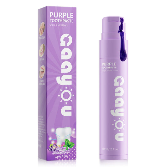 Purple Teeth Whitening toothpaste bottle labeled 60ml/2.1oz