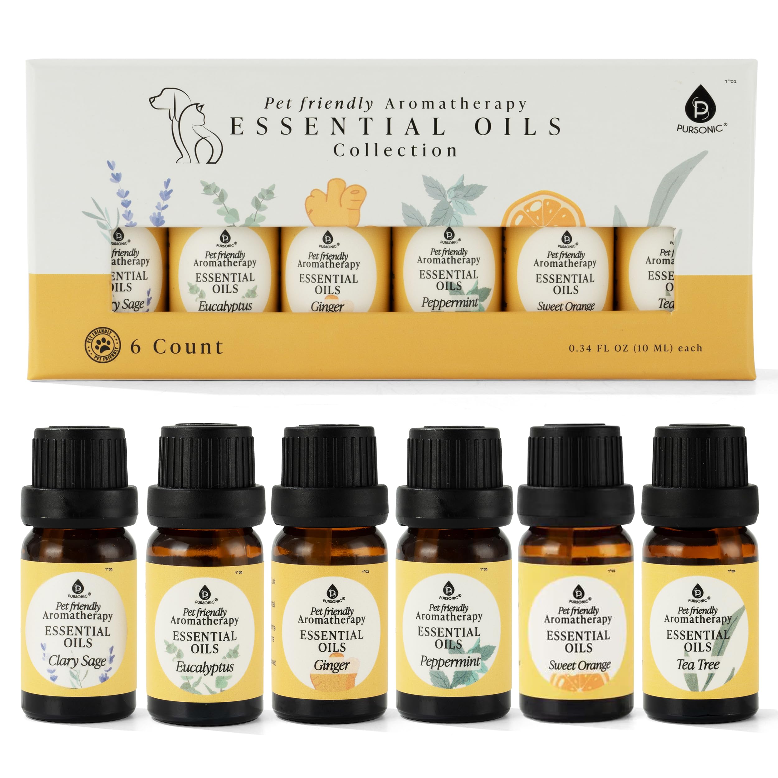 Front view of Pursonic 6-piece pet-safe aromatherapy oil set with amber bottles