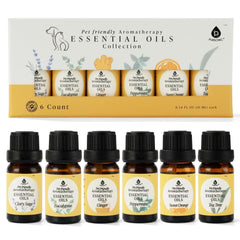 Front view of Pursonic 6-piece pet-safe aromatherapy oil set with amber bottles