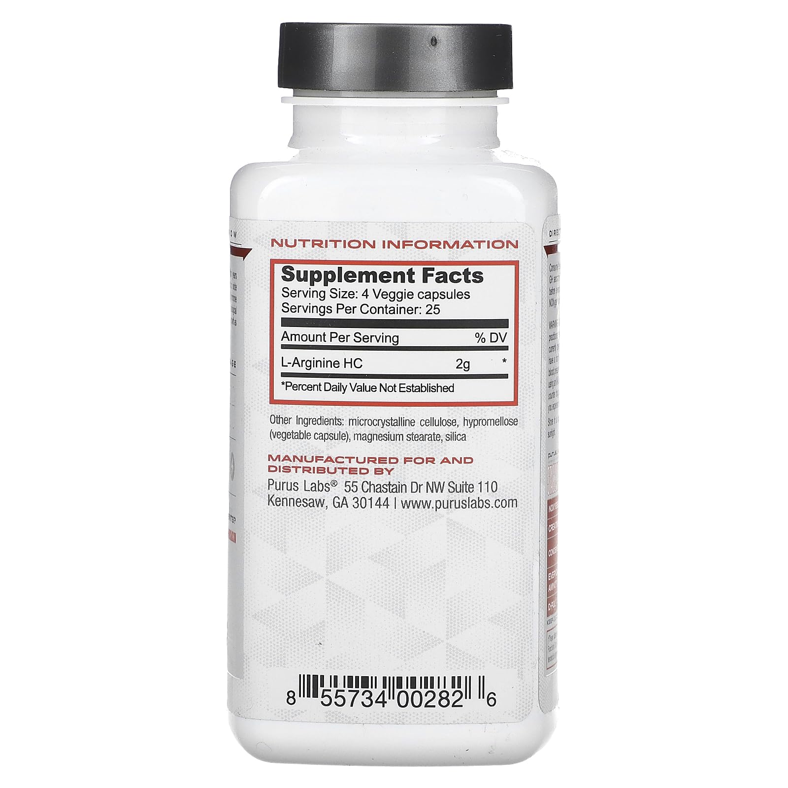 Purus Labs L-Arginine supplement bottle with capsules