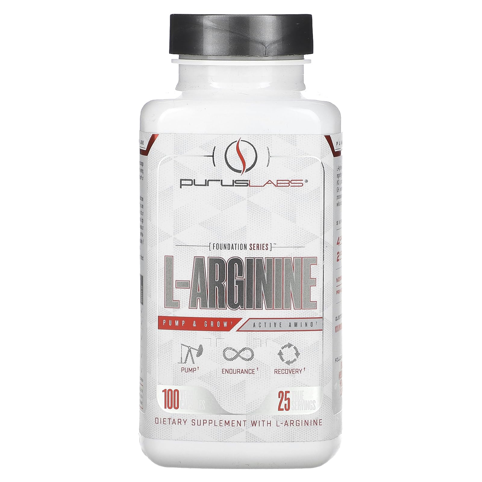 Purus Labs L-Arginine Active Amino Acid front label showing 25 servings and 100 veggie capsules