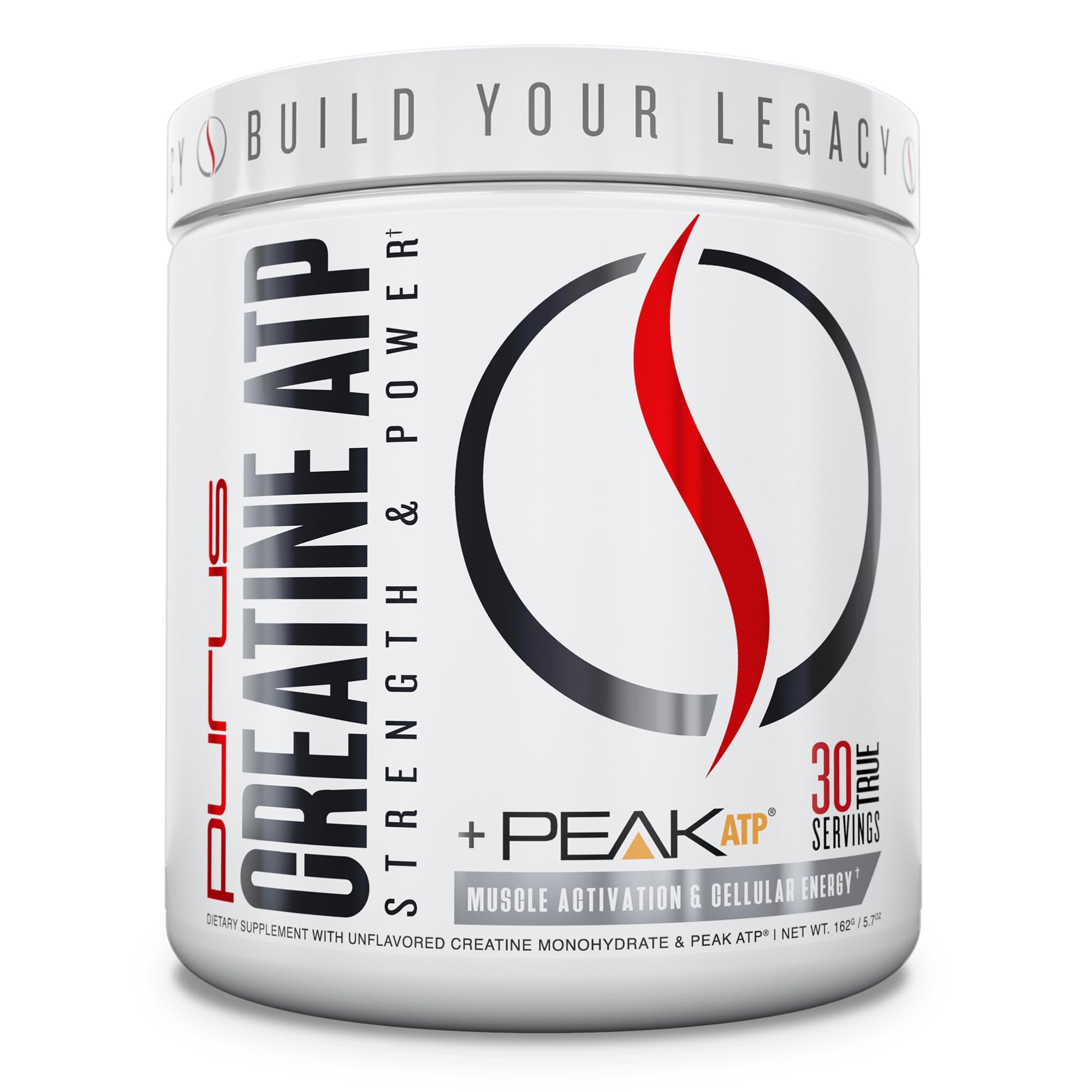 Front view of Purus Labs Creatine ATP unflavored bottle, 30 servings