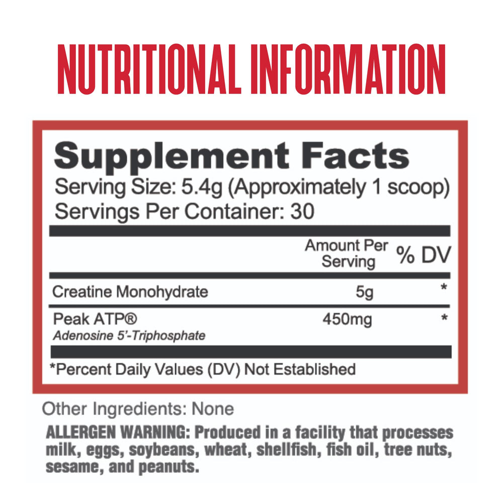 Close-up of Peak ATP and micronized creatine monohydrate ingredients on label