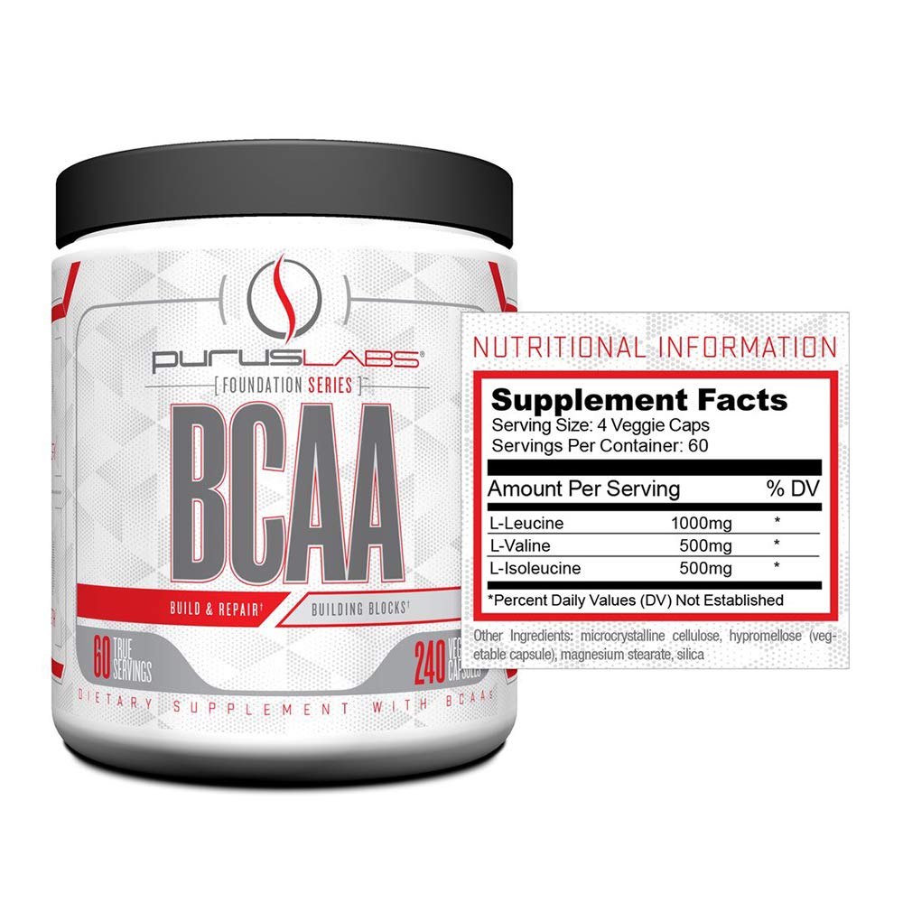 Back label of Purus Labs Foundation Series BCAA Capsules bottle with ingredients