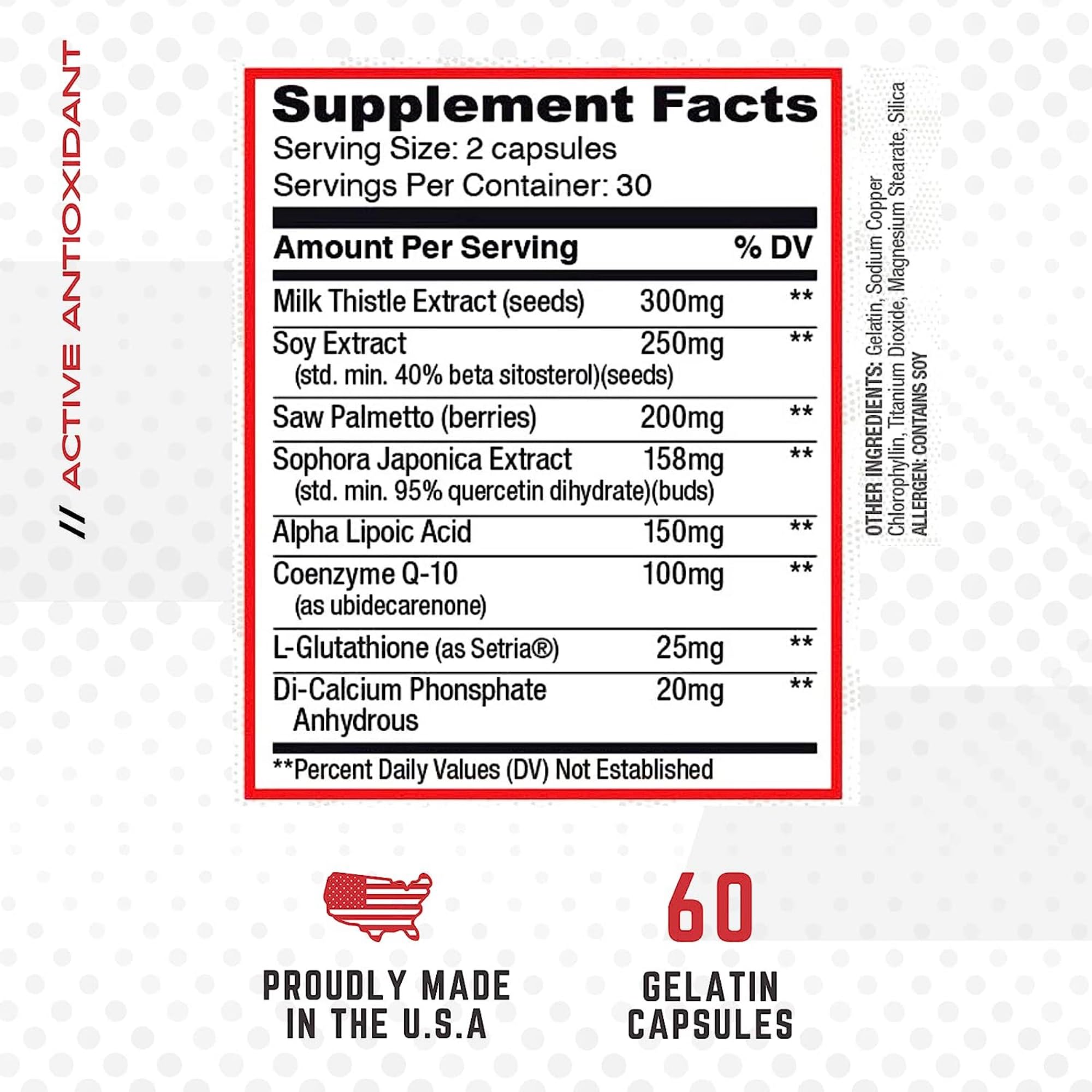 Illustration of primary ingredients including Milk Thistle, Glutathione, and CoQ10