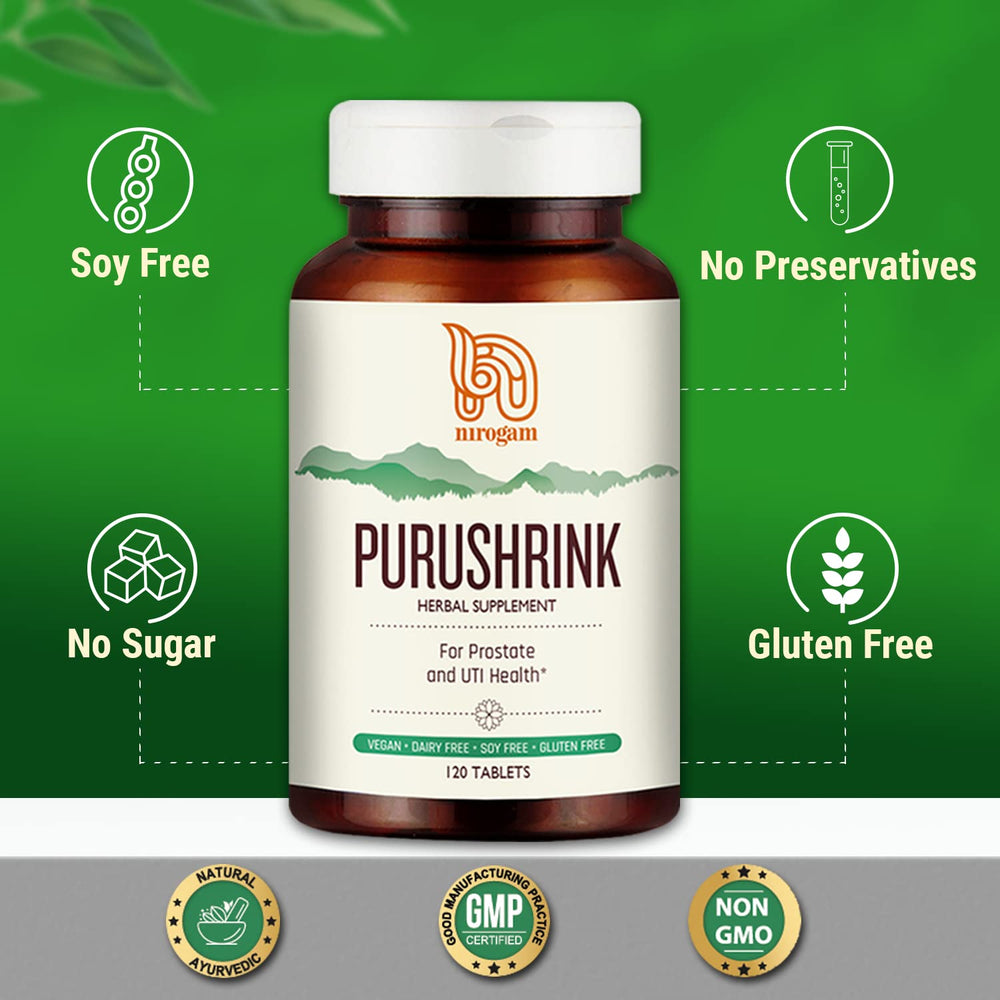 Purushrink bottle with tablets laid out on a flat surface