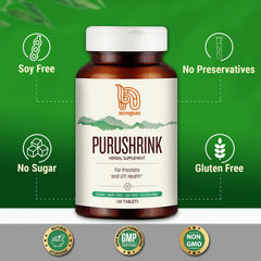 Purushrink bottle with tablets laid out on a flat surface