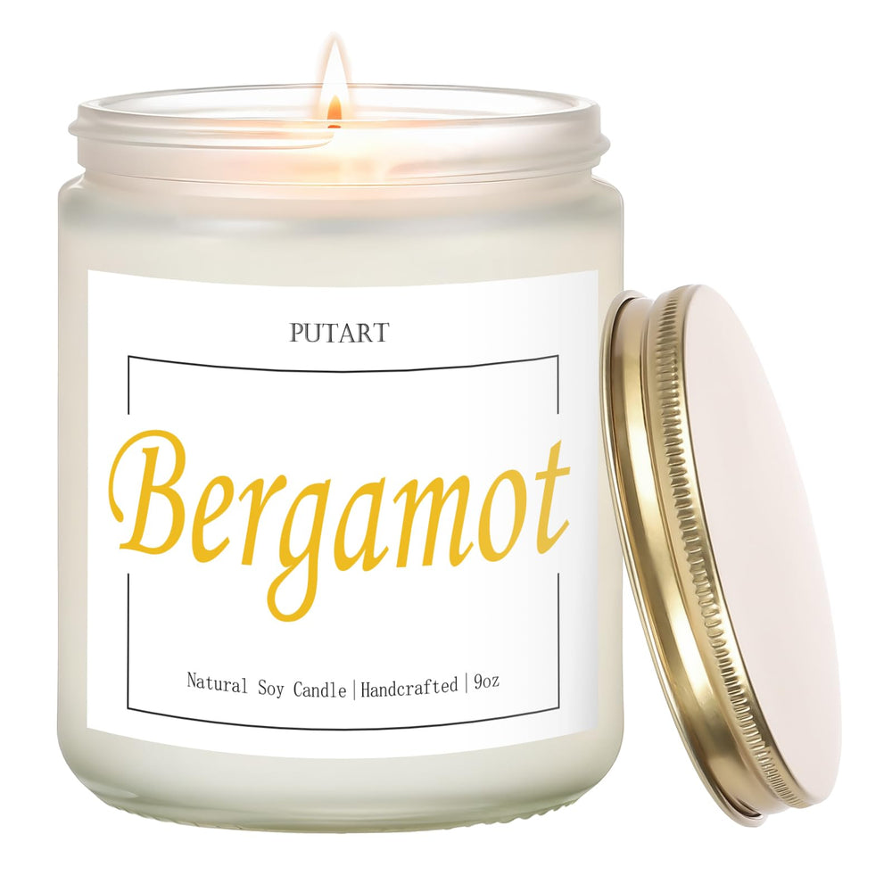 Putart Bergamot & Green Tea scented candle in frosted white jar with gold lid