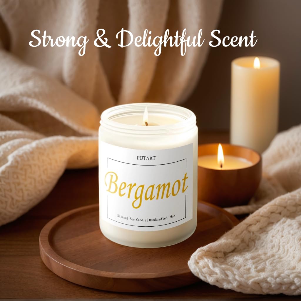 Close-up of the natural soy wax candle with bergamot and green tea scent
