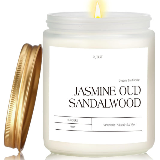 Putart Jasmine, Oud & Sandalwood scented candle in 9oz white frosted glass jar with gold lid