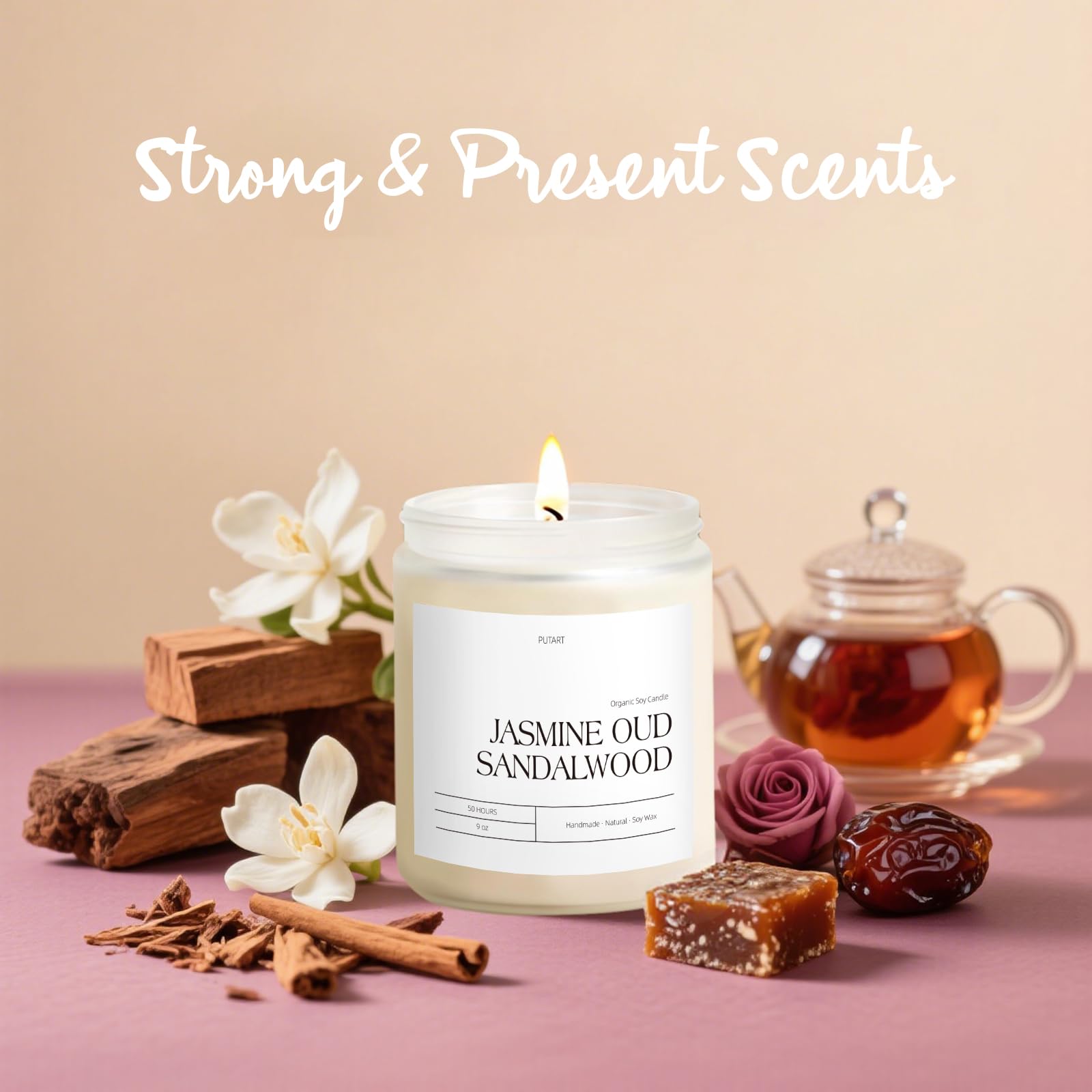 Close-up of jasmine, oud & sandalwood aroma notes on candle label