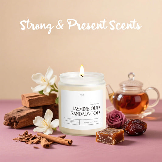 Close-up of jasmine, oud & sandalwood aroma notes on candle label