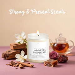 Close-up of jasmine, oud & sandalwood aroma notes on candle label