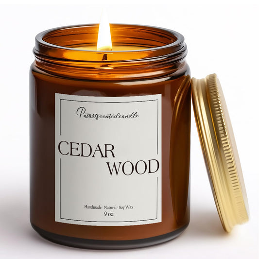 Putart Cedar Wood Candle in an amber 9oz jar with a gold lid