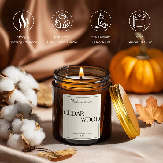 Close-up of Putart Cedar Wood Candle in amber jar