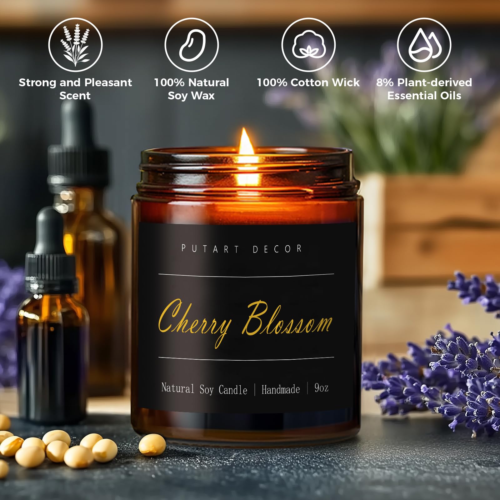 Close-up of natural soy wax candle with cherry blossom fragrance