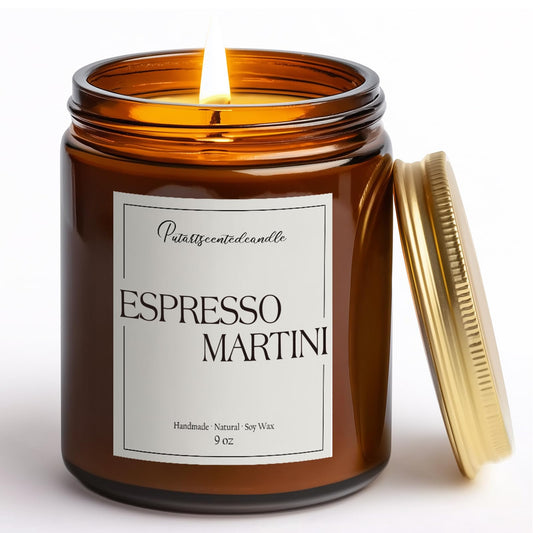 Putart Espresso Martini candle in amber jar with gold lid